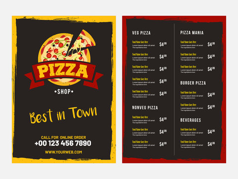 Pizza Menu Card design with front and back page view.