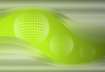 Abstract background 3D, green with transparent waves and dots spheres