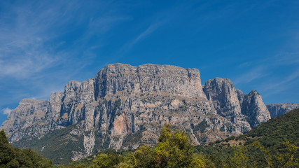 Panoramic view of Tymfi Mountain and Vikos gorge. Zagoria area, Epirus region, northwestern Greece