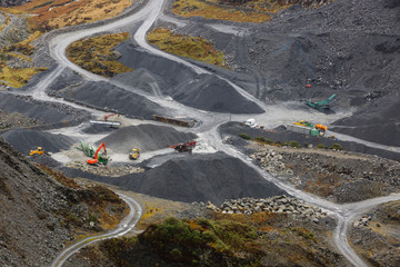 Modern crushed slate mining operation at the Llechwedd Maenofferen quarry near Blaenau Ffestiniog in North Wales producing decorative stone chips for the world wide market