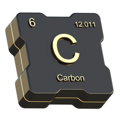 Carbon element symbol from periodic table on futuristic black icon isolated on white background