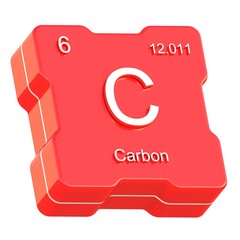 Carbon element symbol from periodic table on futuristic red icon isolated on white background