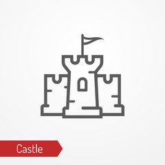Abstract medieval castle with tower, walls and flag. Isolated icon in silhouette style. Typical medieval or fantastic stone fortress. Vector stock image.
