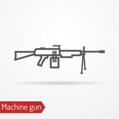 Abstract assault machine gun. Isolated icon in line style with shadow. Typical army large-caliber weapon. Military vector stock image.