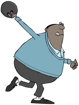 Illustration of a determined black man winding up his bowling ball aiming for a strike.