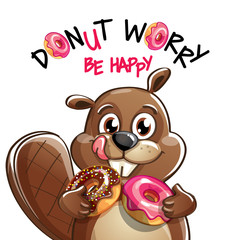 Obraz premium Vector illustration of cartoon beaver with donuts.