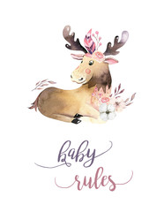 Cute watercolor bohemian baby moose animal poster for nursary, alphabet woodland isolated forest illustration for children. Baby shower animals invitation