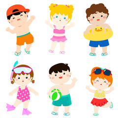 summer multicultural cute kids in swimsuit vector