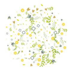 Fototapeta na wymiar Floral Spring and Summer Vector Wallpaper with Flowers, Leaves, Butterflies, Green Branches. Easter, Mother's Day, 8 March, Birthday, Wedding Background for Banners, Cards, Posters, Invitations.