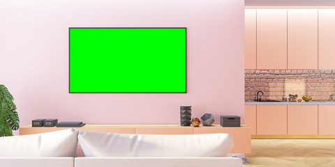 Pink living room TV mock up with sofa, kitchen, console.