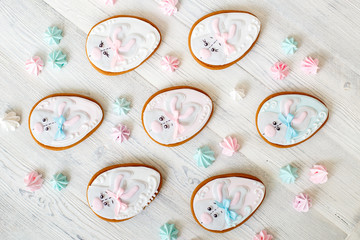 Easter gingerbread glazed cookies, eggs form with rabbit