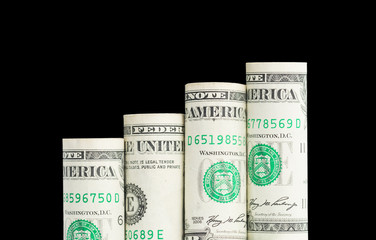 Growing bar graph from US dollar banknotes, stacked