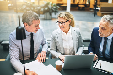 Mature businesspeople working in the lobby of an office building