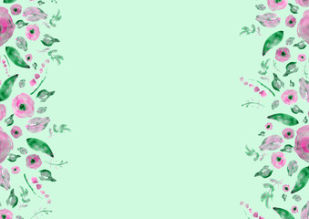 Painted watercolor composition with flowers and leaves. Frame of roses. Floral border. Can be used as invitation card for wedding, birthday, other holiday, summer background, poster, banner.