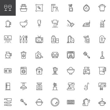 Homeware outline icons set. linear style symbols collection, line signs pack. vector graphics. Set includes icons as wine glass, container, pillow, tap, sprayer, sweeping broom, air conditioner