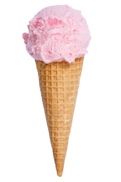 Erdbeereis Erdbeer Eis in der Waffel Kugel Erdbeeren Erdbeere Sommer isoliert Freisteller freigestellt