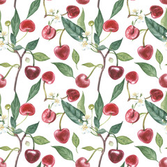 Hand-drawn watercolor wreath of flowers of cherry and leaves illustration. Watercolor botanical illustration seamless pattern.
