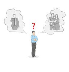 A man stands and chooses a career or a family. vector illustration.