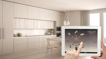 Smart remote home control system on a digital tablet. Device with app icons. Interior of classic...