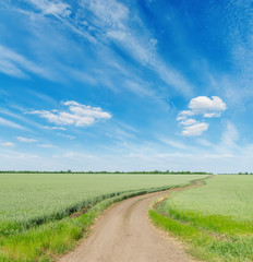 Fototapeta na wymiar road in green agriculture fields and blue sky with clouds