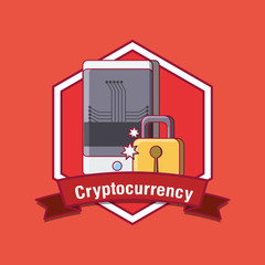 emblem of cryptocurrency concept with smartphone and padlock over red background, colorful design. vector illustration
