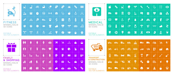 Set of 200 Universal Icons ( Fitness  Medical  Family  Shopping  Construction and Transport ) on Color Background . Isolated Elements.