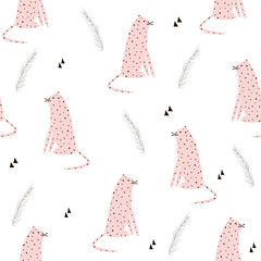 Seamless pattern with funny pink leopard. Vector hand drawn illustration.