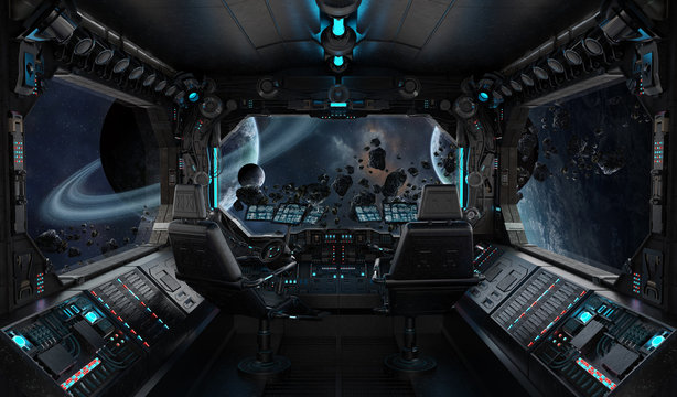 Spaceship grunge interior with view on exoplanet