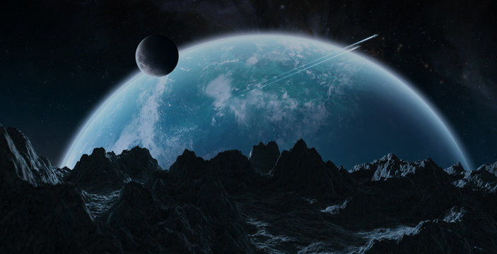 Asteroids flying close to planet Earth 3D rendering elements of this image furnished by NASA