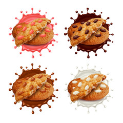 Chocolate chip cookies in milk and chocolate splashes 3d vector set