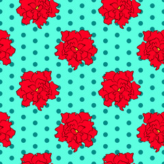 Vector illustration, bright seamless floral pattern in vintage style, beautiful cartoon red violet flowers on blue dotted background