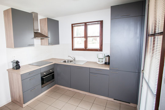 Modern grey clean kitchen interior