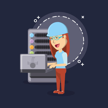 cryptocurrency mining design with cartoon woman and laptop computer over  blue background, colorful design. vector illustration