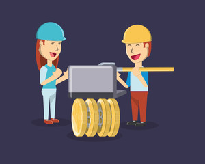 Mining cryptocoins design with cartoon man and woman with laptop computer and coins over purple background, colorful design. vector illustration