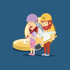 Mining cryptocurrency design with cartoon man and woman with tool over cryptocoins and blue background, colorful design. vector illustration