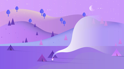 Beautiful night scenery landscape, many camping tents in area with high mountains, blue and purple tones