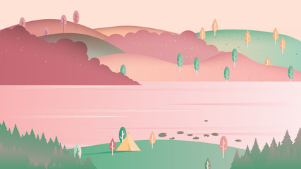 Beautiful spring scenery landscape, camping tent on small hill with lake and mountain, pink and green tones