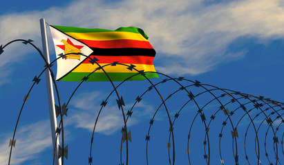 3d illustration of a Zimbabwean flag waving on a flagpole with razor wire in the foreground; depicting security and barriers between nations. 
