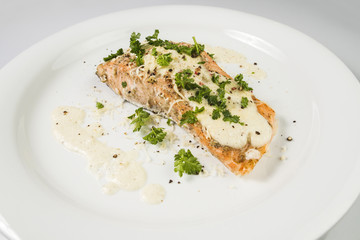Fried Salmon with cheese sauce, parsley and pepper.