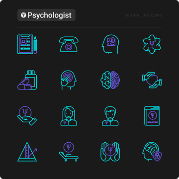 Psychologist thin line icons set: psychiatrist, disease history, armchair, pendulum, antidepressants, psychological support. Vector illustration for black theme.