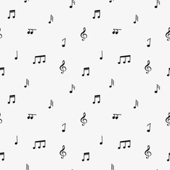 Music background with notes and symbols, black and white, seamless pattern