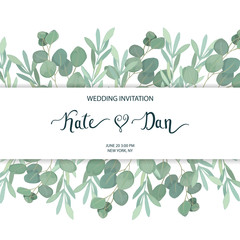 Floral greenery card template with eucalyptus branch. For wedding invitation, save the date, birthday, Easter. Vector illustration. Watercolor style © natikka
