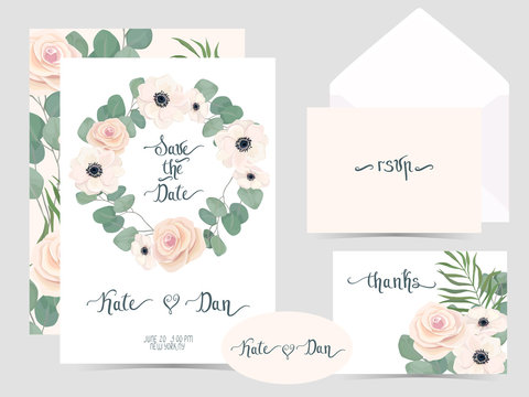 Floral card with anemone, rose and eucalyptus branch. Wedding Invitation, save the date, rsvp, invite Vector illustration. Celebration template. Watercolor style