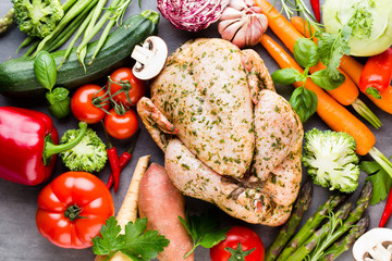 Fresh chicken  meat and vegetables. Flat lay.