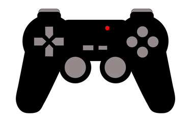 Black and grey video game controller isolated on white background. Gamepad with red light, buttons and joysticks. Icon or logo with gaming concept.