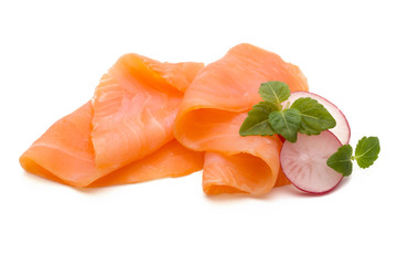 Fresh salmon slice and spice on the white background.