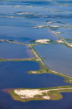 Oil field on the lake, aerial view