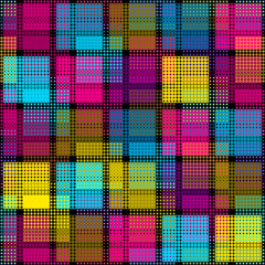 Seamless background. Geometric abstract symmetric pattern in low poly pixel art style. Polka dot pattern on low poly background. Vector image.