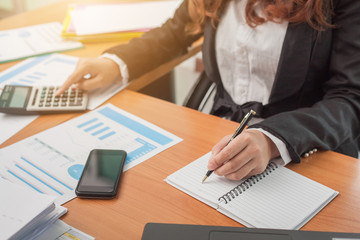 Business woman at working with financial reports and laptop computer in the office