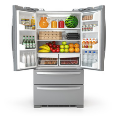 Open fridge refrigerator  full of food and drinks isolated on white background